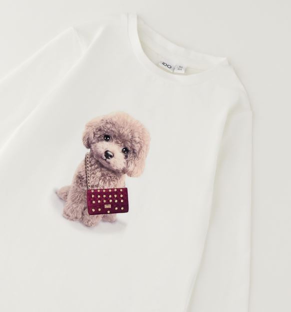 Detail van de poedelprint met bordeauxrood studs-tasje op het iDO meisjesshirt