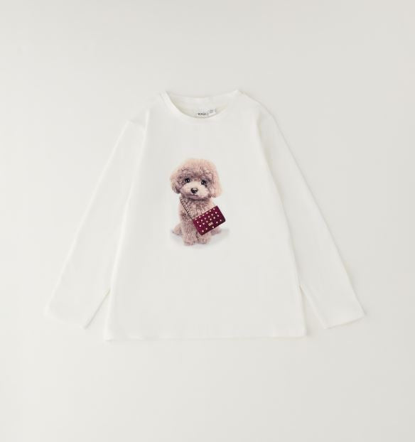 Gebroken wit iDO meisjes longsleeve met poedelprint en tasje – vooraanzicht