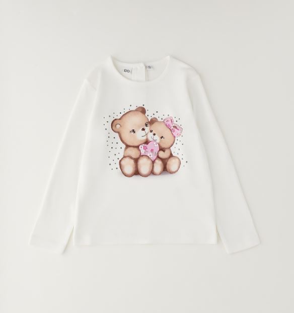 Gebroken wit iDO meisjes longsleeve met beertjesprint en roze hartje – vooraanzicht
