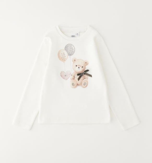 Gebroken wit iDO meisjes longsleeve met beertje, ballonnen en strikje – vooraanzicht