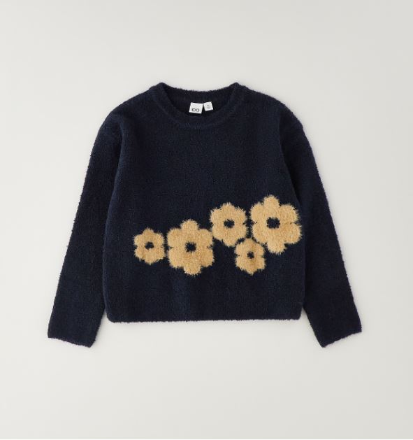 Donkerblauwe iDO meisjes trui met camelkleurige pluizige bloemen – vooraanzicht