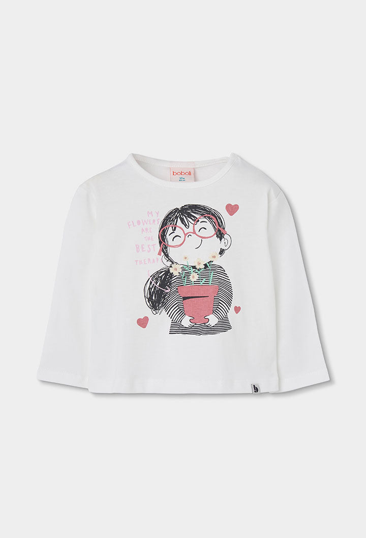 ecru Boboli longsleeve voor meisjes met meisjesprint, vooraanzicht