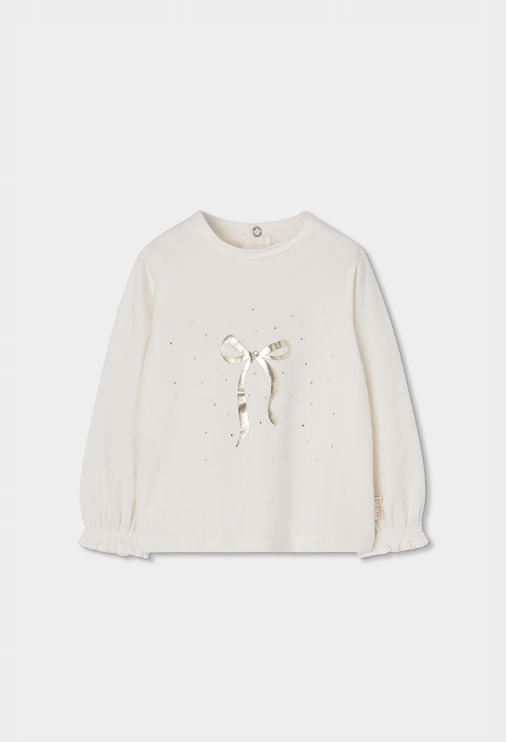 ecru Boboli longsleeve voor meisjes met gouden strikprint, vooraanzicht