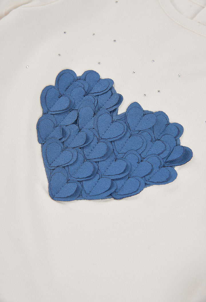 detail van het blauwe 3D-hart met glittersteentjes op de Boboli meisjeslongsleeve
