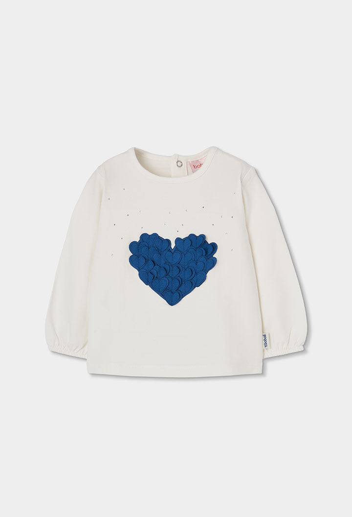 ecru Boboli longsleeve voor meisjes met blauw 3D-hart, vooraanzicht