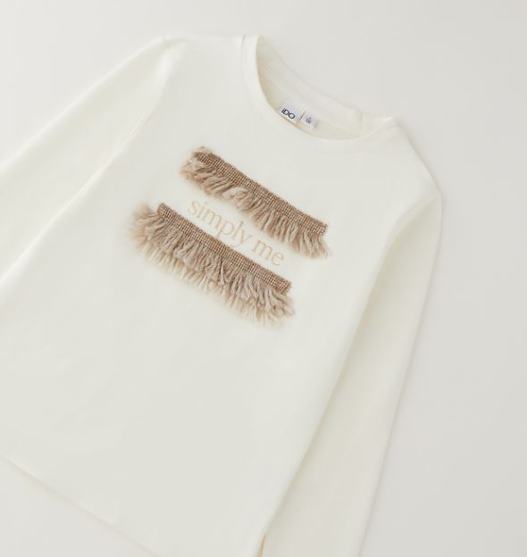 iDO ecru meisjeslongsleeve detail met franjes en glittersteentjes