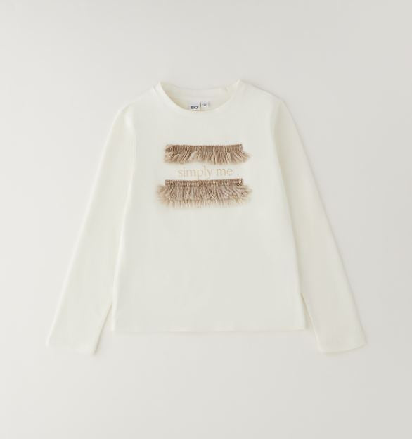 Ecru iDO longsleeve voor meisjes met franjes en simply me-tekst