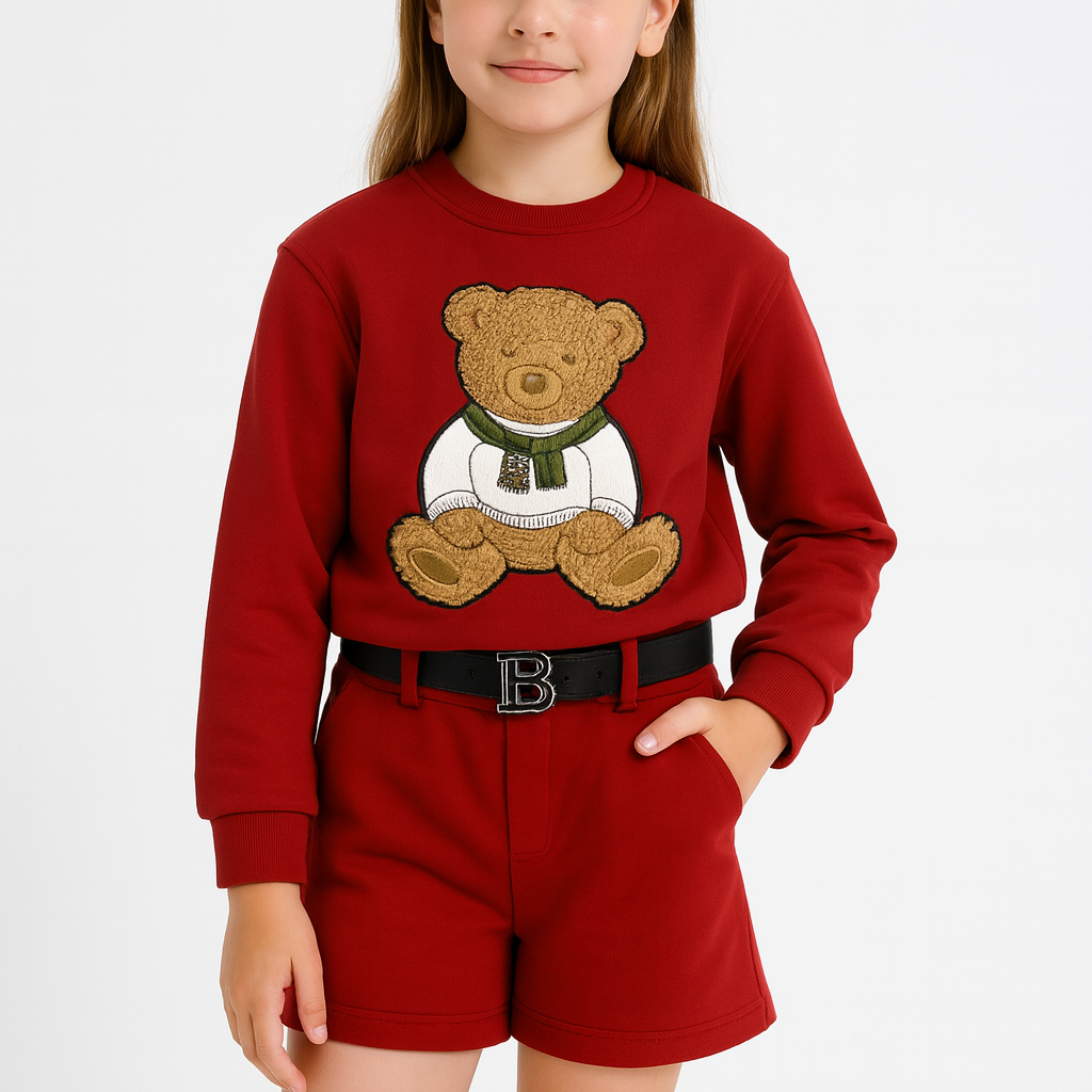 2-delige rode meisjesoutfit met teddybeer trui & short