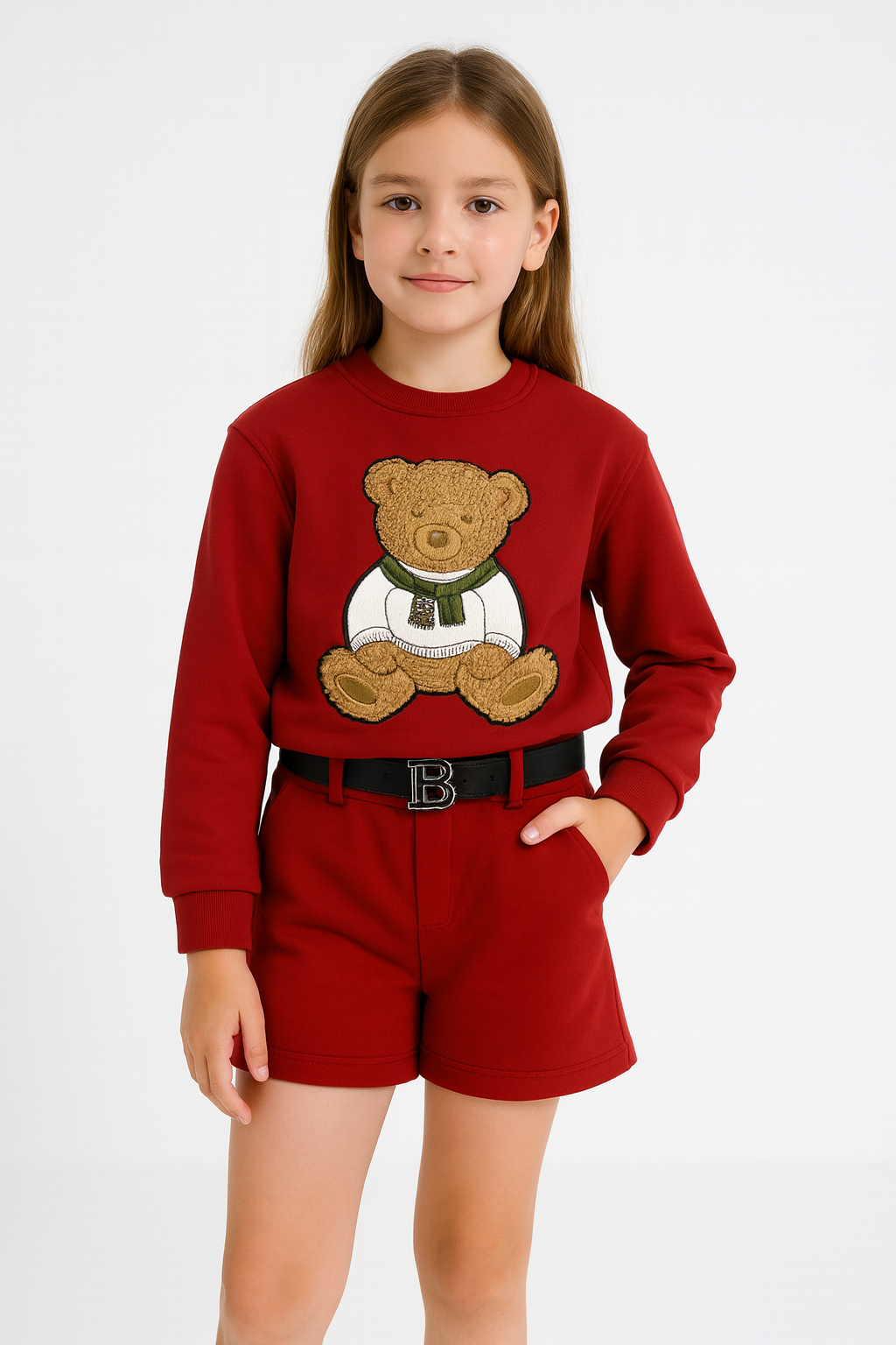 2-delige rode meisjesoutfit met teddybeer trui & short
