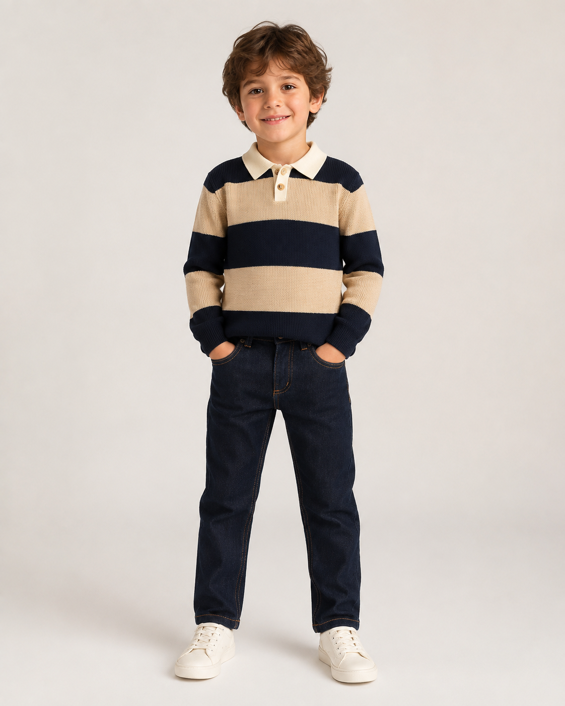 outfit iDo polotrui gestreept + iDo donkberblauwe jeansbroek