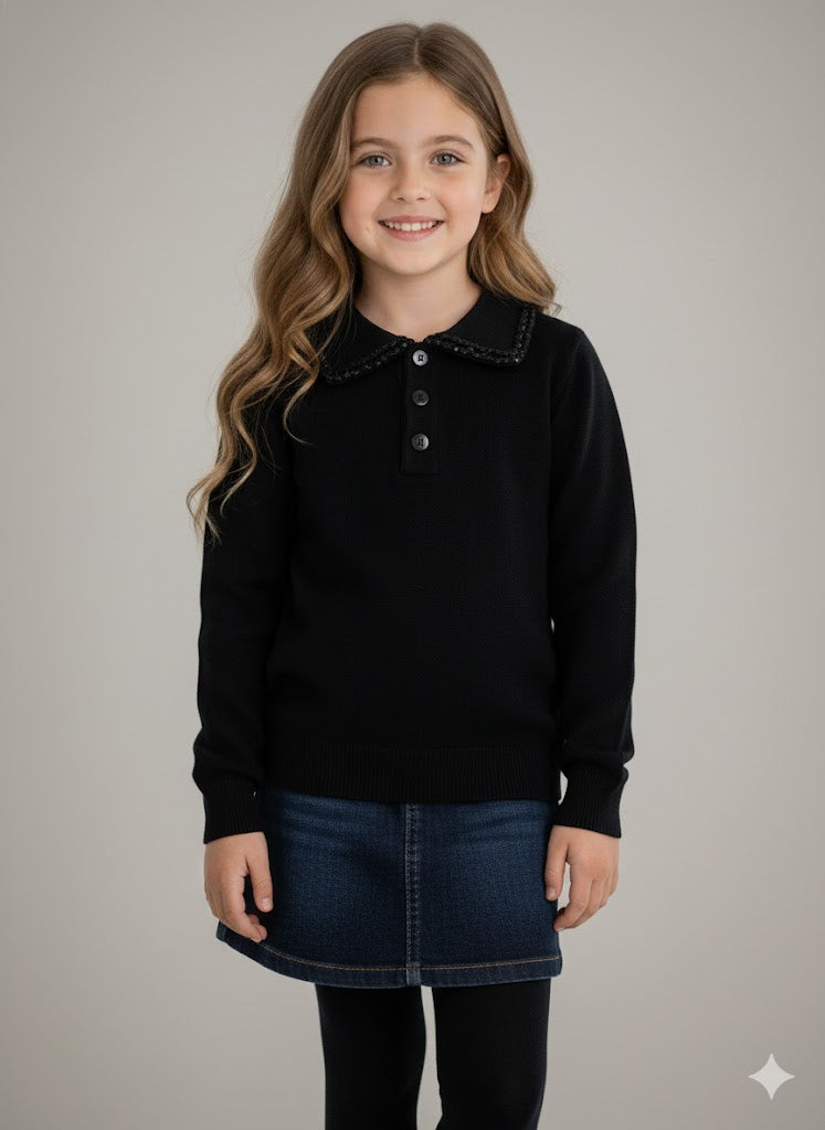 Zwarte gebreide meisjestrui met kraag
